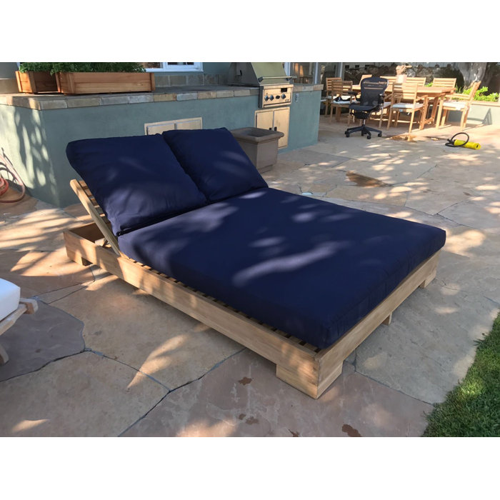 IKsunTeak Teak Double Reclining Teak Chaise Lounge with Cushion